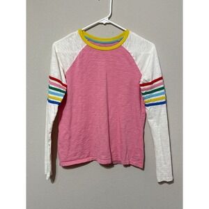 Boden Slub Raglan T-shirt Girls 13/14Y Pink Rainbow Stripe Sleeves Long Sleeve